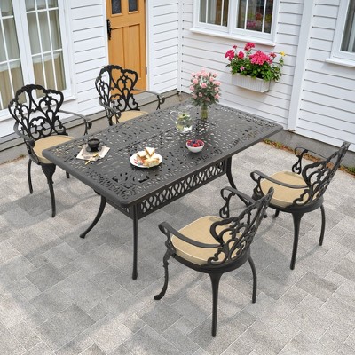 5-Piece 58.27'' L Rectangular Cast Aluminum Outdoor Dining Set with Umbrella Hole and Beige Cushions