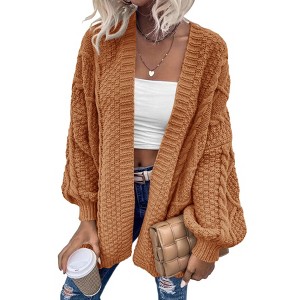 Imily Bela Womens Oversized Open Front Cable Knit Cardigan Sweaters Lantern Long Sleeve Chunky Outwear Coats - 1 of 4