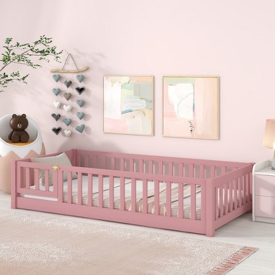 Dolonm Twin Size Floor Platform Bed with Fence & Door, Pink - Sturdy Pine Wood, Safety Design for Kids