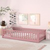 APRILSOUL Pink Twin Floor Platform Bed with Fence, Safety Door and 7-Slat Pine Frame, Kid-Friendly Design - 2 of 4
