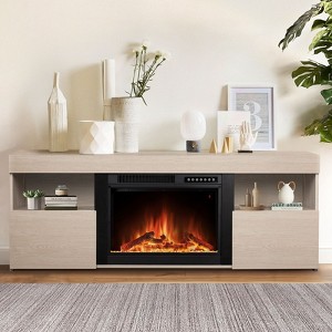R.W.FLAME 59" Fireplace Tv Stand Mantel Wood Surround Firebox Freestanding, Infrared Quartz Heater Adjustable Led Flame, Remote Control - 1 of 4