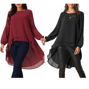 INSPIRE CHIC Women's Lantern Long Sleeve Round Neck High Low Irregular Hem Casual Blouse 2 Packs - 1 of 4