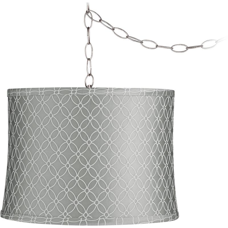 Possini Euro Design Brushed Nickel Plug In Swag Chandelier 14" Wide Modern Gray An Qing Drum Shade Fixture Dining Room House, 1 of 5