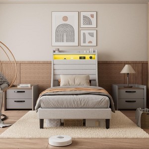 Whizmax Platform Bed Frame - Upholstered Linen Headboard with Storage, Charging Station & LED Lights, Wood Slat Support, No Box Spring - 1 of 4