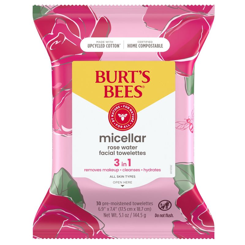 Burt&#39;s Bees Facial Cleansing Towelettes Micellar Rose Makeup Removing - Unscented - 30ct, 1 of 20
