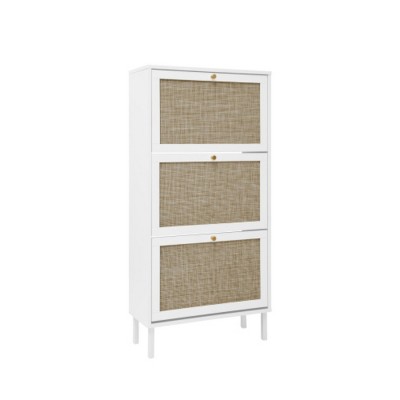 TIRAMISUBEST Farmhouse Shoe Cabinet - White Rattan, 3-Door Adjustable (23"W x 48"H)