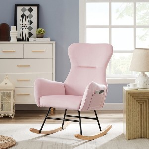 Teddy/Velvet Rocking Chair, Upholstered Accent Glider Chair with Side Pocket and Wood Legs, 4W-ModernLuxe - 1 of 4