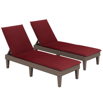 Tangkula 2PCS Patio Lounge Chair Recliner Chair w/ 3-Position Adjustable Backrest & Cushion Brown & Red