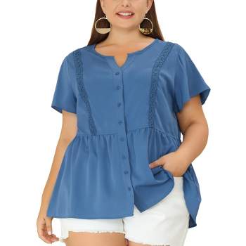 Agnes Orinda Women's Plus Size Bell Short Sleeve Collar Elastic Waist Flare Peplum Button Down Shirts