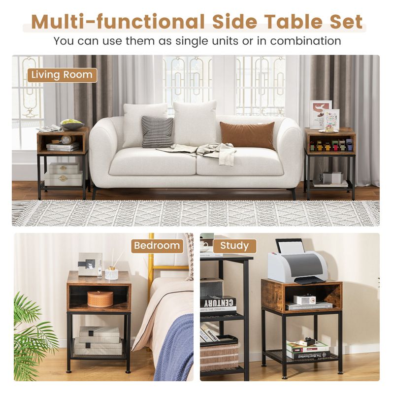 Costway 2 PCS 3-tier Wood Top End Table w/ Metal Frame Storage Cube & Mesh Shelf Square, 5 of 11