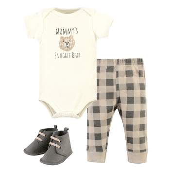 Hudson Baby Cotton Bodysuit, Pant and Shoe Set, Snuggle Bear Short Sleeve
