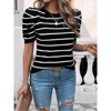 Coolmee Women's Summer Short Puff Sleeve Knit Tops Striped Sweater Trendy Business Casual Outfits Work Blouses - 2 of 4