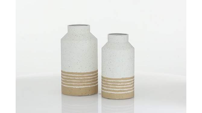 Set of 2 Round White Metal Textured Vase with Beige Striped Base - Olivia &#38; May, 2 of 8, play video