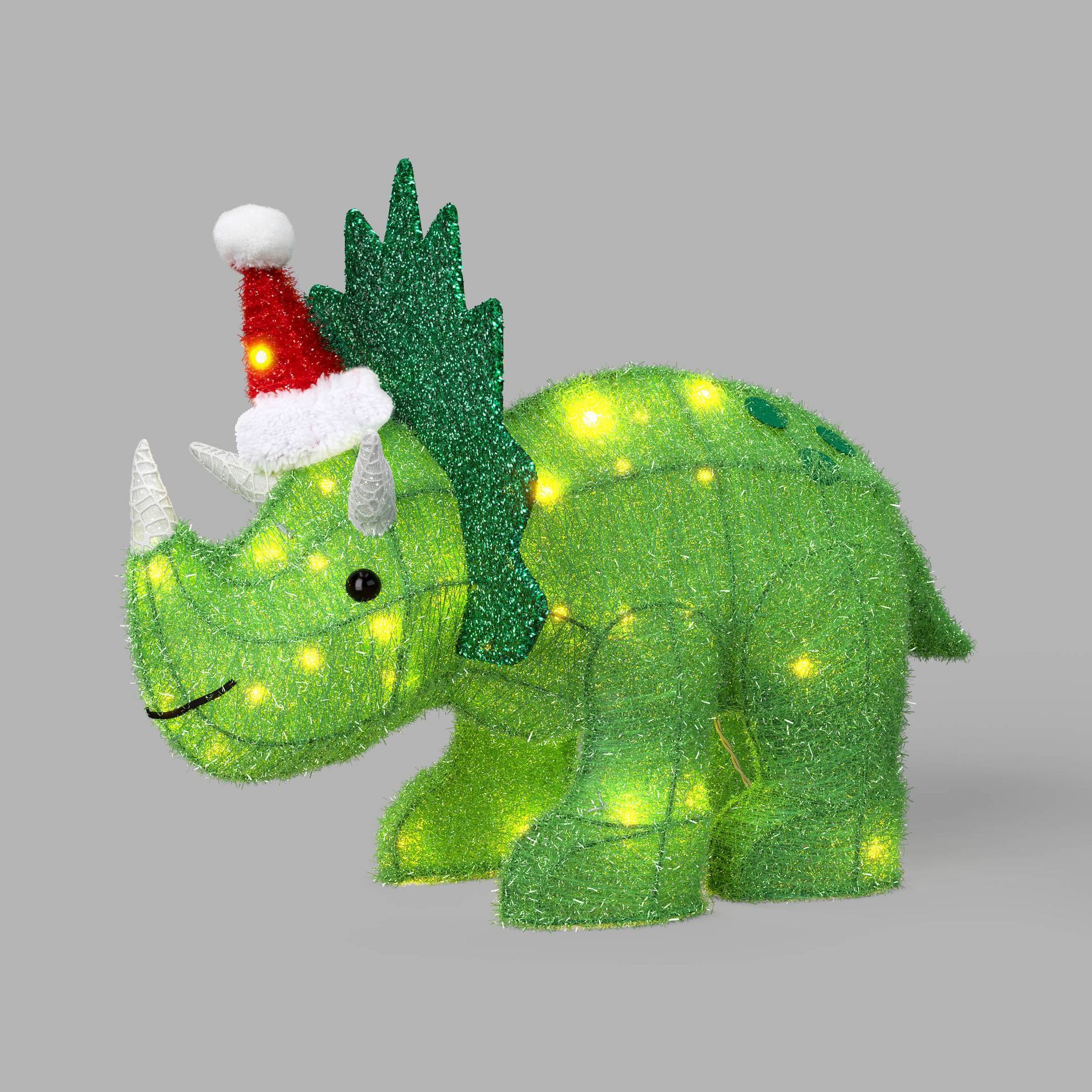 18" Christmas Tinsel Green Dinosaur with Santa Hat and Glitter Mesh Bony Frill - Wondershop™