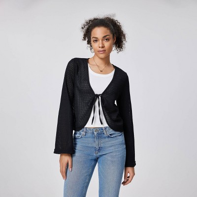 Women's Contrast Binding Knotted Knitted Cardigan - A New Day™ Black