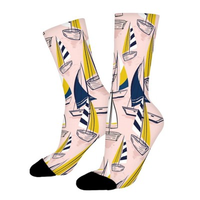 Pink Sketch Sailing Sea Boats Women Printed Crew Socks Funny Funky Socks Soft Polyester Novelty Gifts for Artists Men