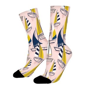 Pink Sketch Sailing Sea Boats Women Printed Crew Socks Funny Funky Socks Soft Polyester Novelty Gifts for Artists Men - 1 of 1