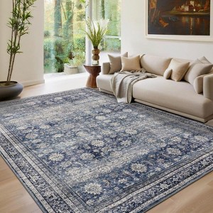 Washable Area Rugs Non-Slip Vintage Rugs for Living Room, Low Pile Stain-Resistant Distressed Oriental Carpet, Foldable Floral Print Floor Covering - 1 of 4