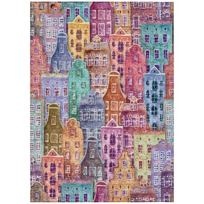 Red Gold And Teal Blue Village Houses Washable Indoor Outdoor Area Rug