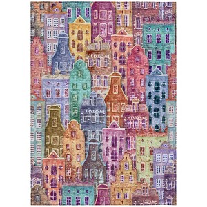 Red Gold And Teal Blue Village Houses Washable Indoor Outdoor Area Rug - 1 of 4