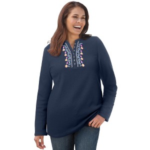 Woman Within Plus Size Embroidered Thermal Henley Tee - 1 of 4