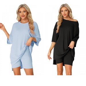 INSPIRE CHIC Women's 2 Pcs Knit Loungewear 3/4 Sleeve T-Shirt with Bike Shorts Pajama Set - 1 of 4