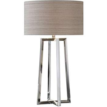 Uttermost Modern Table Lamp 31 3/4" Tall Polished Stainless Steel Taupe Gray Linen Fabric Drum Shade for Living Room Bedroom House