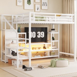 TIRAMISUBEST Full Size Metal Loft Bed with TV Stand & Charge Station, Kids Teens Bed Frame with Staircase & Open Wardrobe - 1 of 4