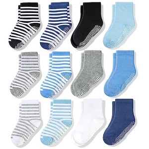 Cozyway Non-Slip Crew Grip Toddler Socks, 6 Pack for Boys, Black/Blue/Light Blue/Gray & Stripes, 1-3 Years Old - 1 of 4