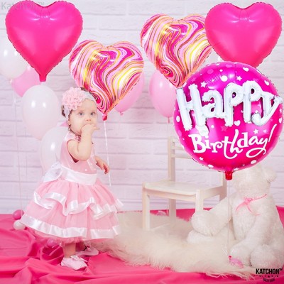 KatchOn, Happy Birthday Balloon Pink Set - Huge, 23 Inch, Pack of 5 | Pink Happy Birthday Balloons, Pink Heart Balloons