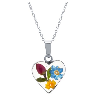 Women's Sterling Silver Pressed Flowers Small Heart Chain Pendant Necklace (18")