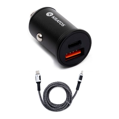 Kratos 36W 2-Port USB-A and Type-C Mini Car Charger with USB-C to USB-C Cable