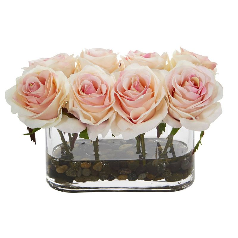 Nearly Natural 5.5-in Blooming Roses in Glass Vase Artificial Arrangement, 3 of 8