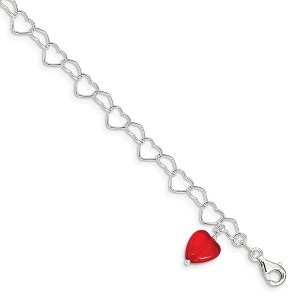 Black Bow Jewelry Sterling Silver Orange Red Crystal Heart Link Anklet, 10 Inch - 1 of 4