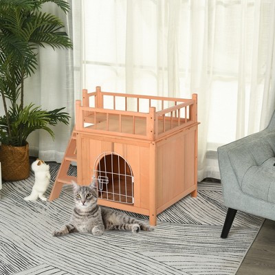 Natural Wood 2-Level Outdoor Cat House with Balcony