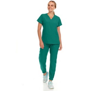 Hey Collection Womens Stretch V-Neck Jogger Scrubs Set, Medical Nursing Tops with Four Pocket Pants - 1 of 4