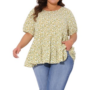 Agnes Orinda Women's Plus Size Short Sleeve Crew Neck Floral Casual Babydoll Blouses - 1 of 4