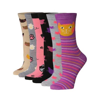 Women's 6 Pairs Lightweight Colorful Purrfect Paws Mix Patterned Crew Socks