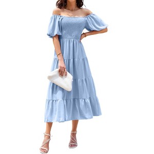 Coolmee Women's Summer Puff Short Sleeve Maxi Dress Square Neck Smocked Tiered Ruffle Long Flowy Beach Dresses - 1 of 4