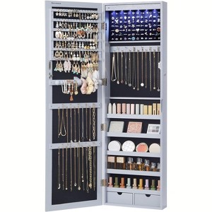 LED Mirror Jewelry Cabinet Wall/Door Mounted, 47.2-Inch Tall Lockable Armoire with 2 Drawers, White - 1 of 4