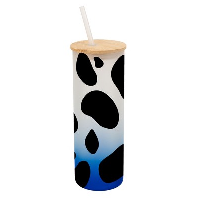 Elanze Designs Cow Animal Print Wrap-Around Design 25 Ounce Frosted Gradient Glass On-The-Go Coffee Travel Skinny Tumbler Mug Cup, Bamboo Lid and