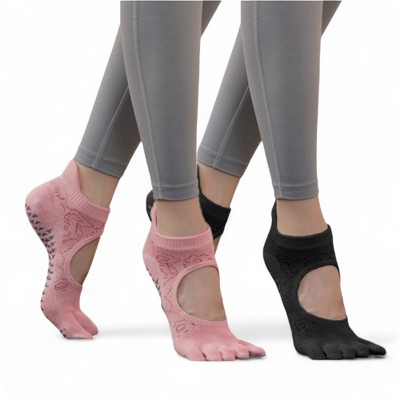 Alilang Women's 2-Pack Non-Slip Five-Toe Yoga Socks with Open Top Design for Stability and Comfort - One Size Fits Most,