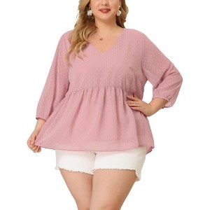 Agnes Orinda Women's Plus Size Chiffon Babydoll Long Sleeve V Neck Swiss Dots Blouses - 1 of 4