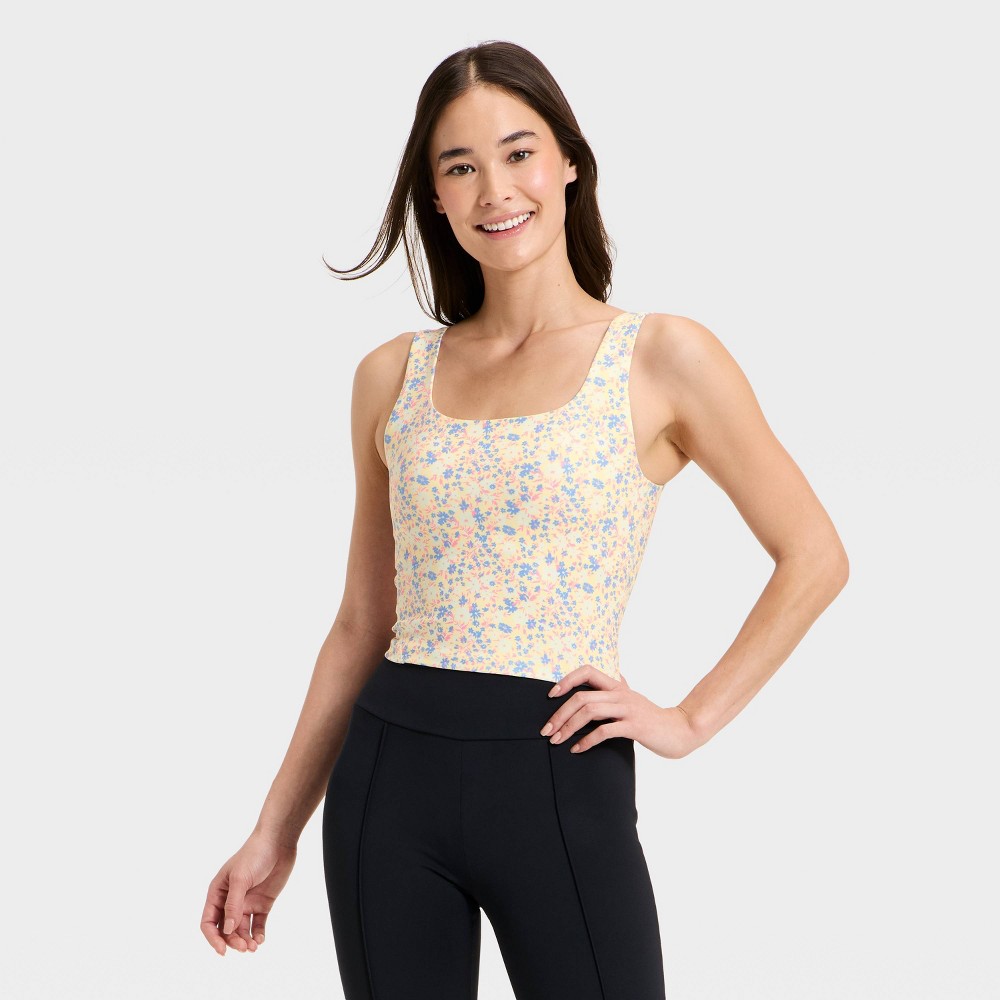 Women's Super Flex Square Neck Ultra Cropped Tank Top - All In Motion™ Yellow Floral Print L