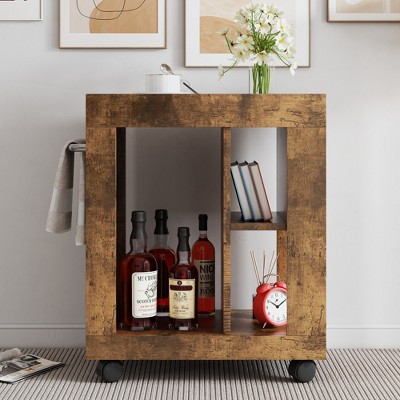 VYNXARIA Mid-century modern style movable side cabinet for sofa, household brown trolley storage locker and shelf for living room.