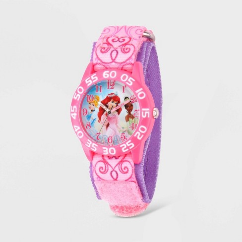 Girls' Disney Princess Plastic Time Teacher Nylon Strap Watch - Pink :  Target