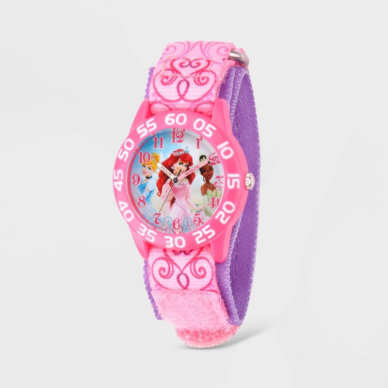 Girls&#39; Disney Princess Plastic Time Teacher Nylon Strap Watch - Pink, 1 of 7
