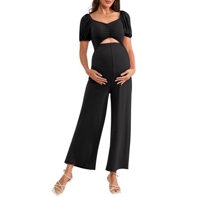 Women's Maternity Summer Cutout Jumpsuits Puff Short Sleeve Sweetheart Neck Ruffle Casual High Waist Wide leg Rompers