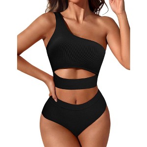 Womens One Shoulder Tankini Sets Hollow Sexy Textured Swimwear Sets Cute Swimsuit for Beach Summer Vacation - 1 of 4
