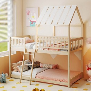 Costway Twin Over Twin House Bunk Bed with Roof, Ladder & Full-length Guardrails for Kids Natural/White - 1 of 4